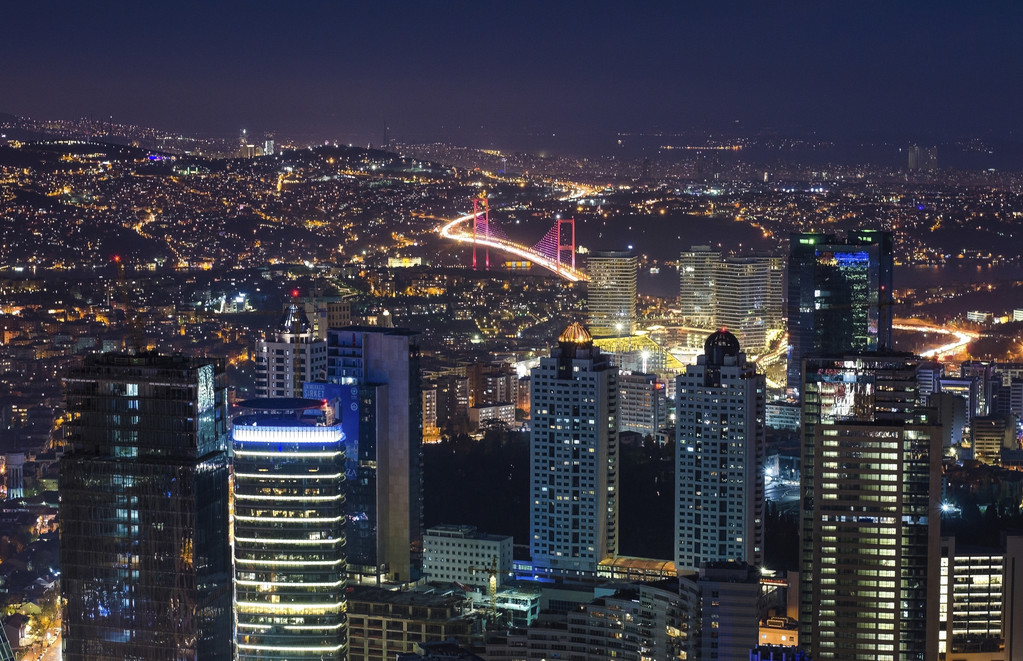 Aerial night panoramic view of Istanbul, Turkey